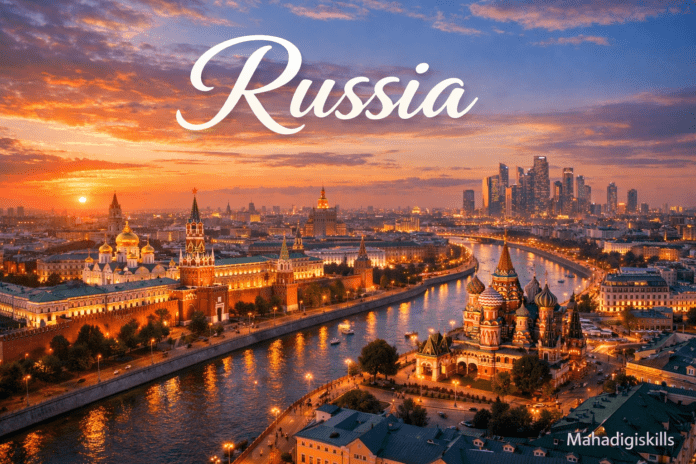 Russia skyline featuring the Kremlin and Saint Basil’s Cathedral at sunset