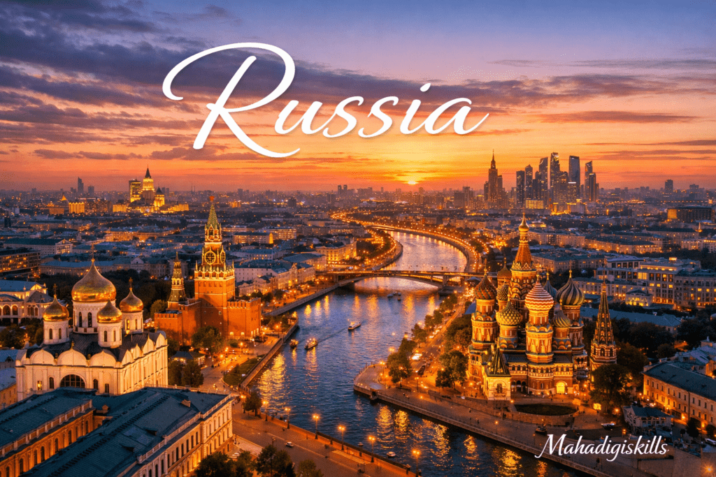 Russia skyline featuring the Kremlin and Saint Basil’s Cathedral at sunset