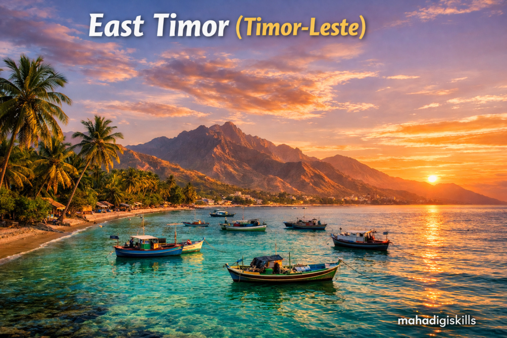 East Timor Dili coastline with turquoise ocean and tropical mountains