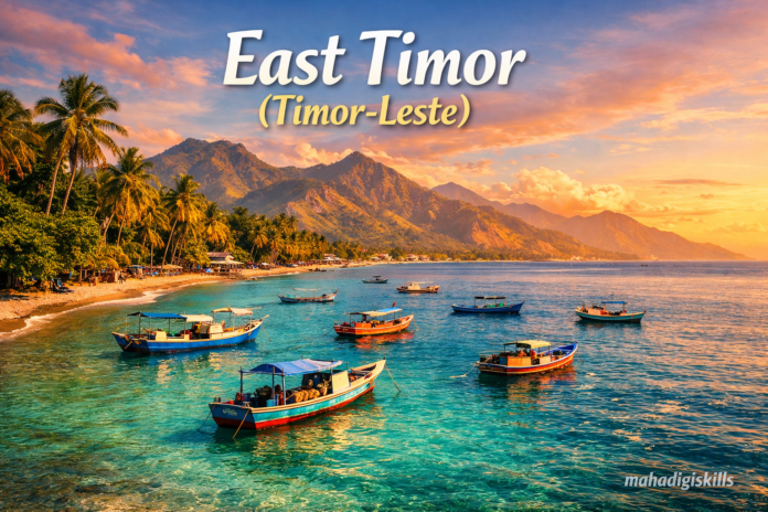 East Timor Dili coastline with turquoise ocean and tropical mountains