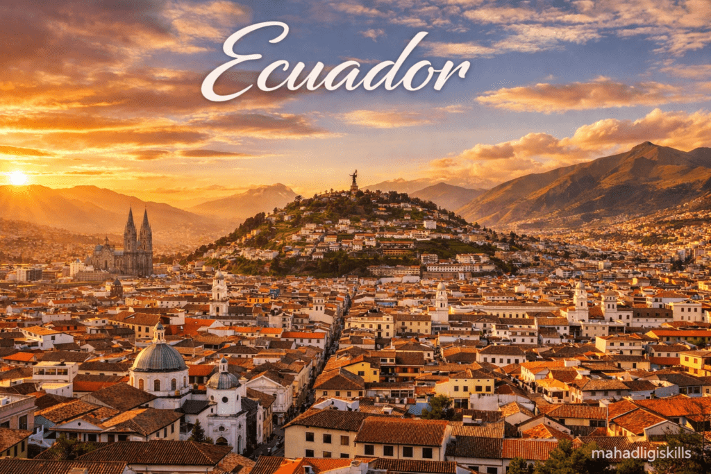 Ecuador Quito historic city skyline with Andes mountains