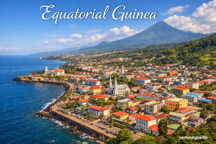 Equatorial Guinea Malabo city skyline with Atlantic Ocean coastline