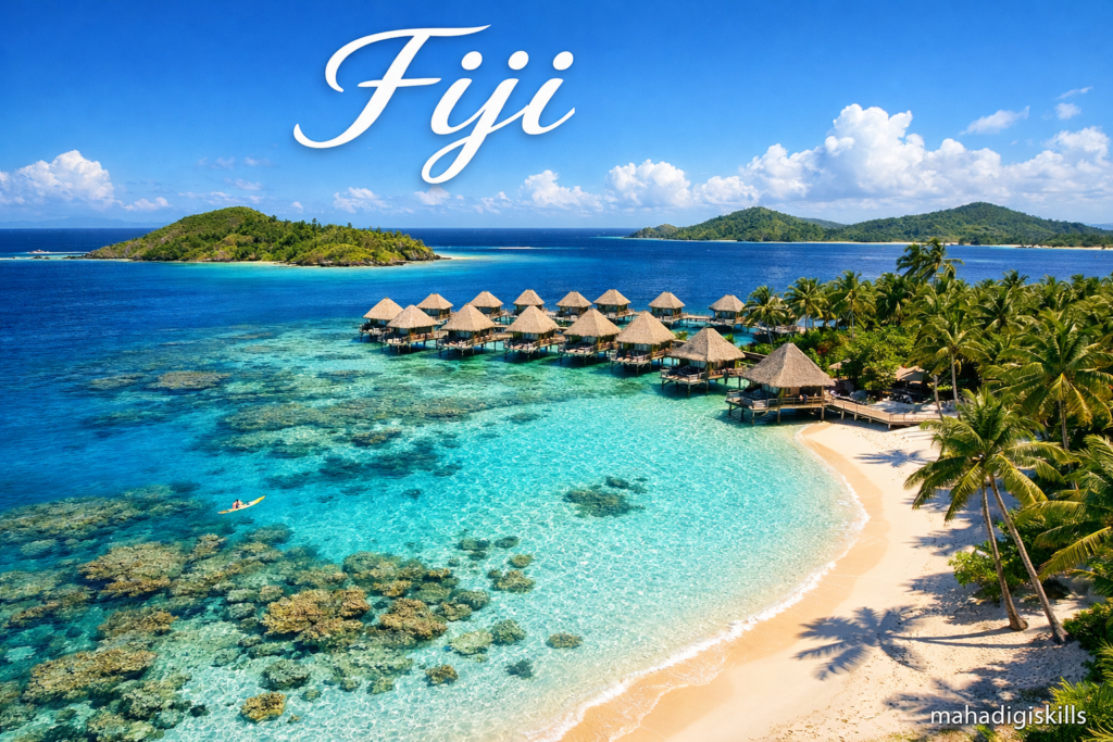 Tropical island beach Fiji turquoise ocean palm trees