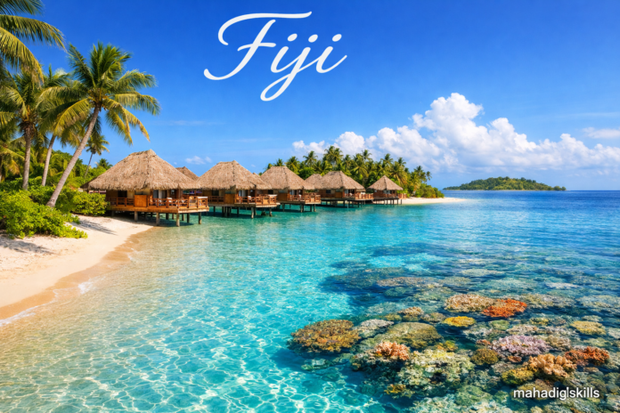 Tropical island beach Fiji turquoise ocean palm trees