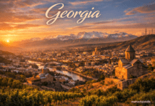64.Georgia Travel Guide History, Culture & Facts “Stunning landscape of Georgia with Caucasus mountains, Tbilisi skyline and vineyards”