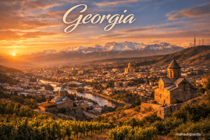 “Stunning landscape of Georgia with Caucasus mountains, Tbilisi skyline and vineyards”
