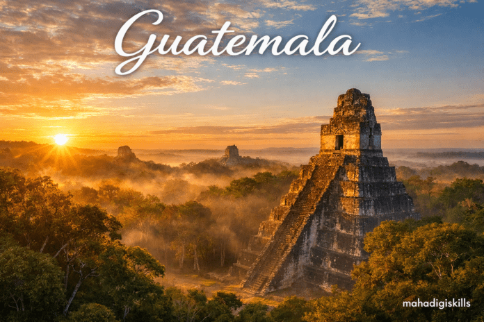 Tikal Mayan temple Guatemala rainforest sunrise landscape
