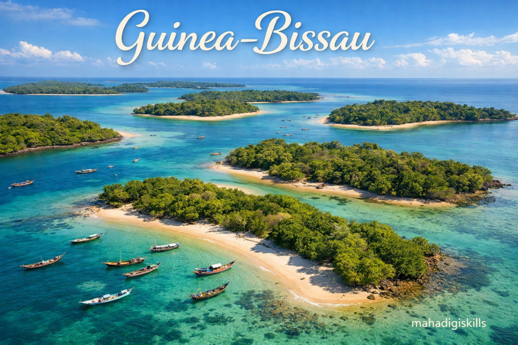 Guinea-Bissau Bijagos Archipelago tropical islands and coastline aerial view