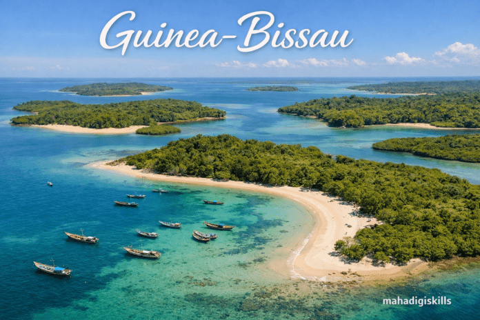 Guinea-Bissau Bijagos Archipelago tropical islands and coastline aerial view