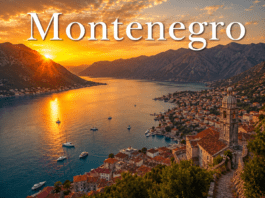 Montenegro Bay of Kotor coastline with medieval towns and Adriatic mountains at sunset