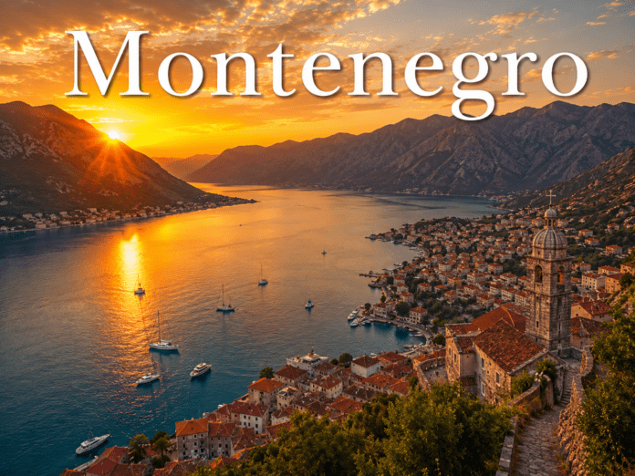 Montenegro Bay of Kotor coastline with medieval towns and Adriatic mountains at sunset