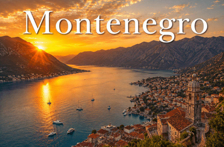Montenegro Bay of Kotor coastline with medieval towns and Adriatic mountains at sunset