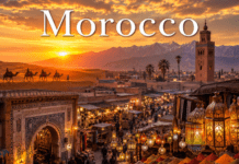 118.Morocco Complete Travel, Culture & History Guide Morocco Marrakech market with Sahara Desert camels and Atlas Mountains at sunset
