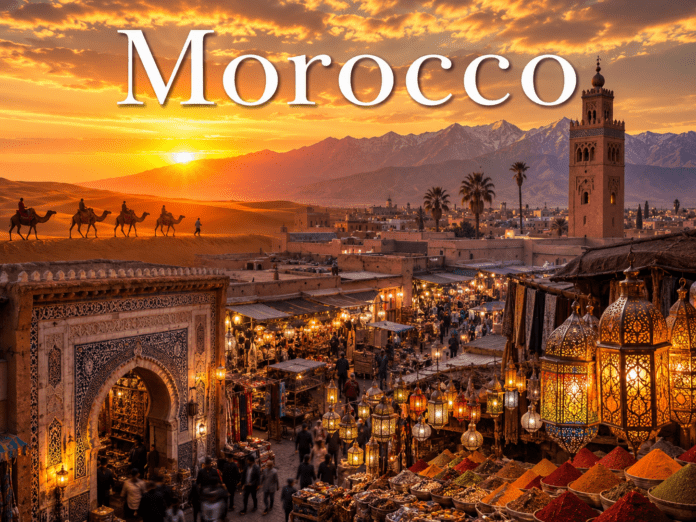 Morocco Marrakech market with Sahara Desert camels and Atlas Mountains at sunset