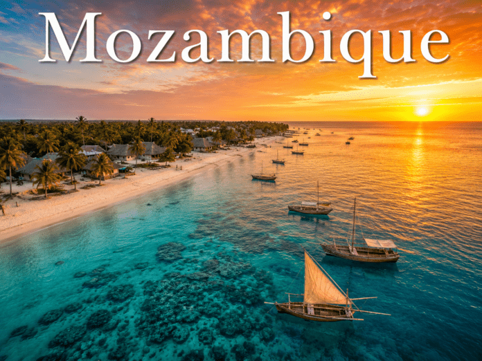 Mozambique tropical Indian Ocean beach with dhow boats and palm trees at sunset