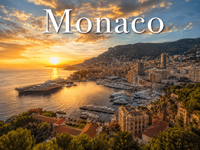 Monaco Monte Carlo skyline with luxury yachts and Mediterranean coastline at sunset