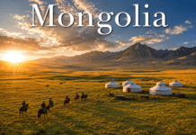 116.Mongolia Complete Travel, Culture & History Guide Mongolia nomadic grasslands with traditional gers, horse riders, and mountains at sunset