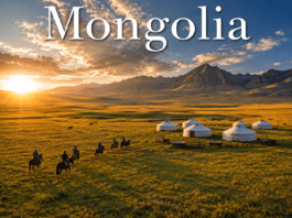 Mongolia nomadic grasslands with traditional gers, horse riders, and mountains at sunset