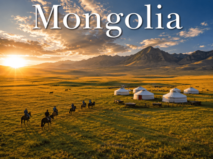 Mongolia nomadic grasslands with traditional gers, horse riders, and mountains at sunset