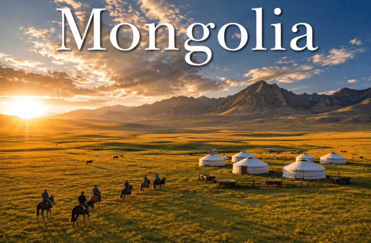 Mongolia nomadic grasslands with traditional gers, horse riders, and mountains at sunset