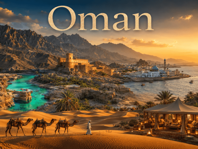 Oman desert dunes, Arabian forts, turquoise wadis, Muscat coastline, and mountain landscape
