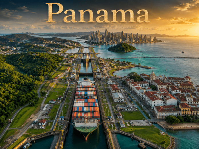 Panama Canal with cargo ships, tropical rainforest, skyline, and Caribbean coastline scenery