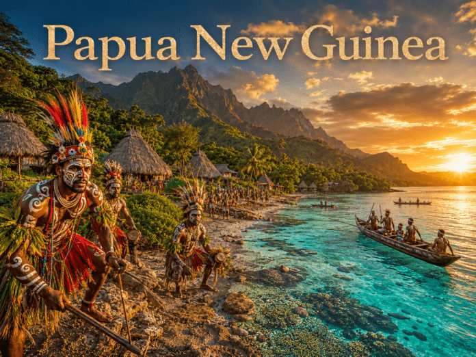 Papua New Guinea tribal dancers, rainforest mountains, coral reefs, and Pacific island scenery