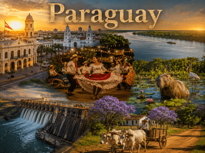 Paraguay River, colonial architecture, wetlands, and traditional cultural festival scenery