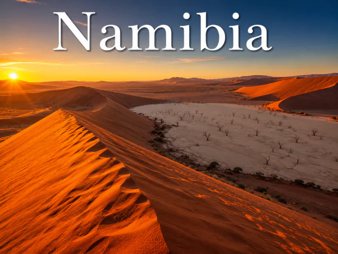 Namibia Sossusvlei red sand dunes and Deadvlei desert landscape at sunset