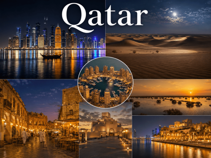 Qatar skyline, desert landscape, luxury islands, and cultural markets