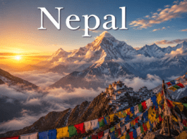 123.Nepal Complete Travel, Culture & History Guide Nepal Himalayan mountains with Mount Everest and Buddhist prayer flags during sunrise