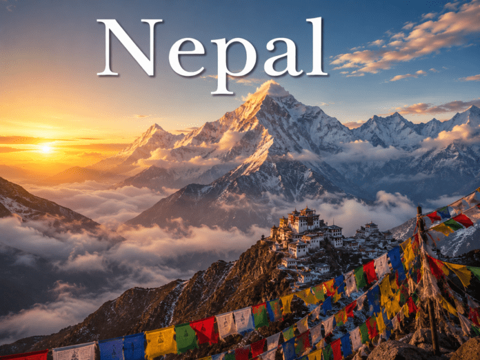 Nepal Himalayan mountains with Mount Everest and Buddhist prayer flags during sunrise