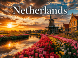 Netherlands tulip fields windmills and peaceful canal landscape during sunset