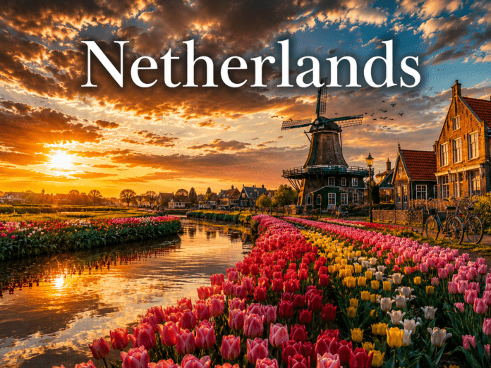 Netherlands tulip fields windmills and peaceful canal landscape during sunset