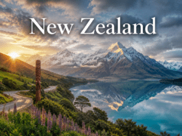 New Zealand Southern Alps and crystal-clear alpine lake at sunrise with mountains and clouds