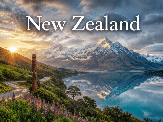 New Zealand Southern Alps and crystal-clear alpine lake at sunrise with mountains and clouds