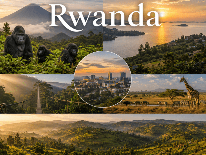 Rwanda mountains, gorillas, lakes, forests, and modern city skyline