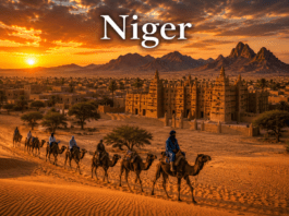 Niger Sahara Desert landscape with Tuareg camel caravan and Agadez architecture