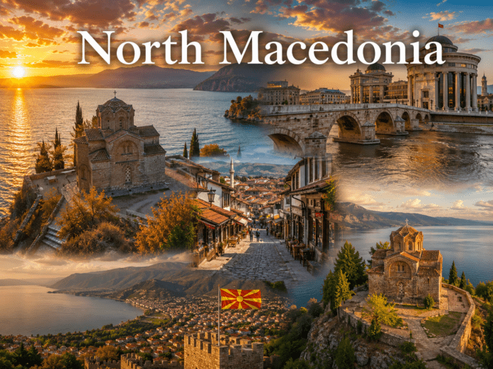 North Macedonia Lake Ohrid, Skopje Stone Bridge, and Balkan mountain landscape