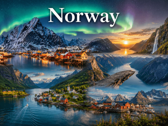 Norway fjords, Arctic mountains, northern lights, and Nordic fishing village landscape
