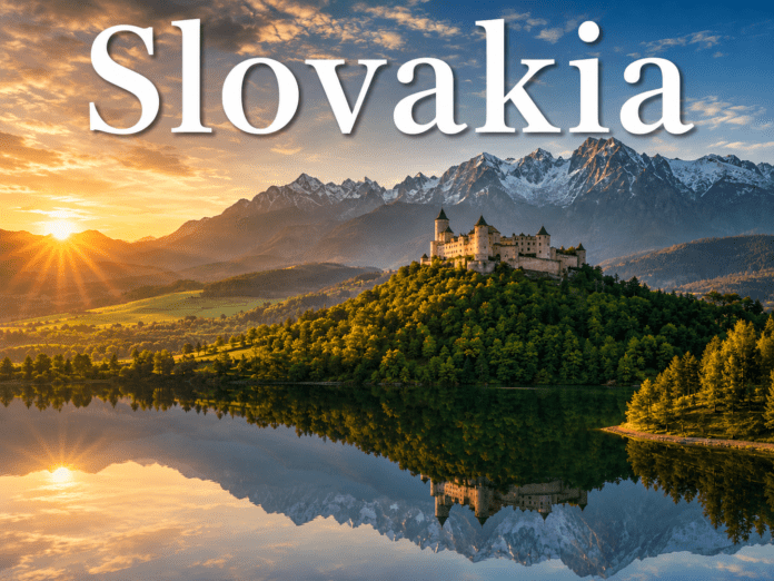 Mountain landscape and medieval castle in Slovakia during sunrise