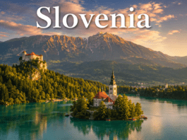 Lake Bled island church and alpine mountains in Slovenia during sunrise