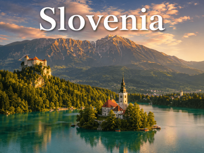 Lake Bled island church and alpine mountains in Slovenia during sunrise