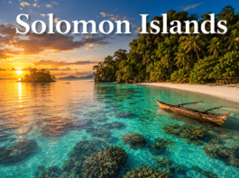 Tropical lagoon and coral reefs in Solomon Islands during sunset