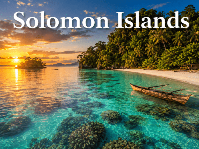 Tropical lagoon and coral reefs in Solomon Islands during sunset