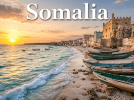 Indian Ocean beach and coastal city in Somalia during sunset