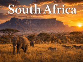 Safari wildlife and mountain landscapes in South Africa during sunset