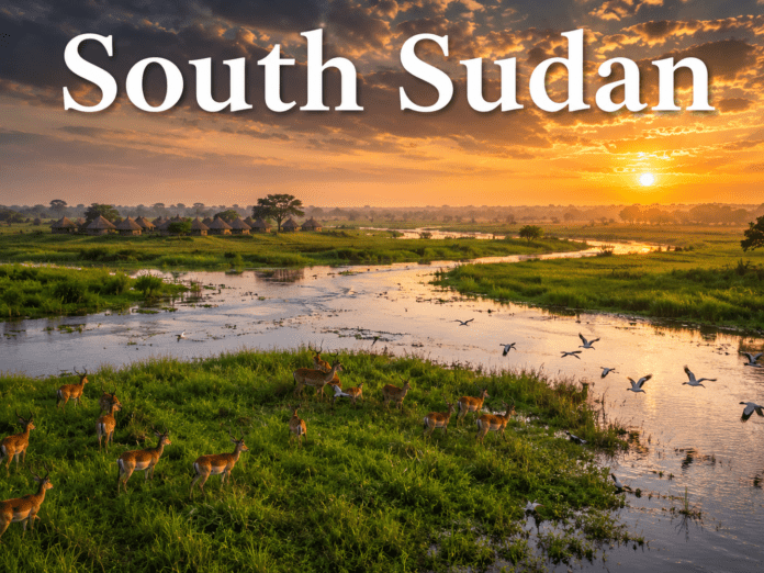 Nile River wetlands with wildlife and village landscape in South Sudan at sunset