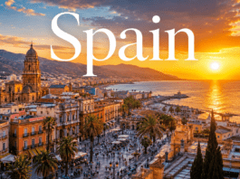 Mediterranean coastal city in Spain with historic buildings and sunset light