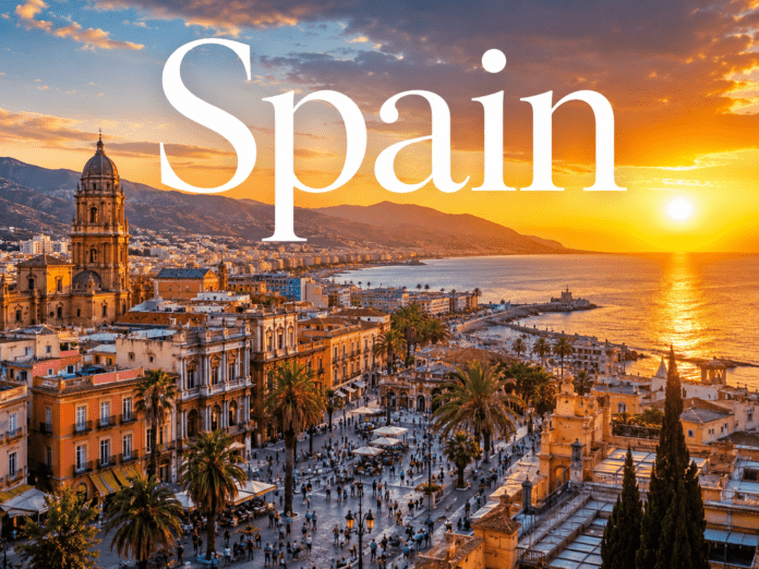 Mediterranean coastal city in Spain with historic buildings and sunset light